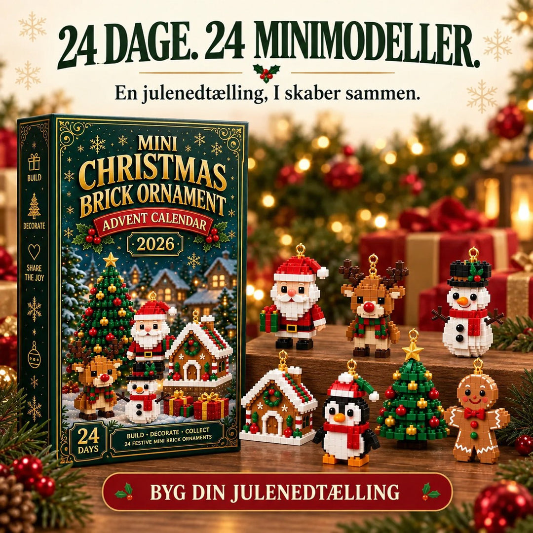 Æsken ved siden af syv klodsfigurer på en trætrappe: nisse, rensdyr, snemand, pepperkagehus, pingvin, juletræ og pepperkagemand. 8