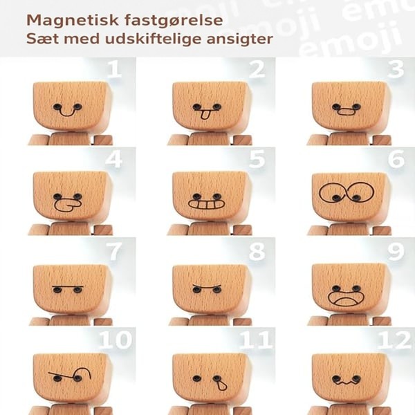 Oversigt over alle tolv magnetiske ansigtsudtryk, nummereret fra 1 til 12, sat på figurens træhoved. 8