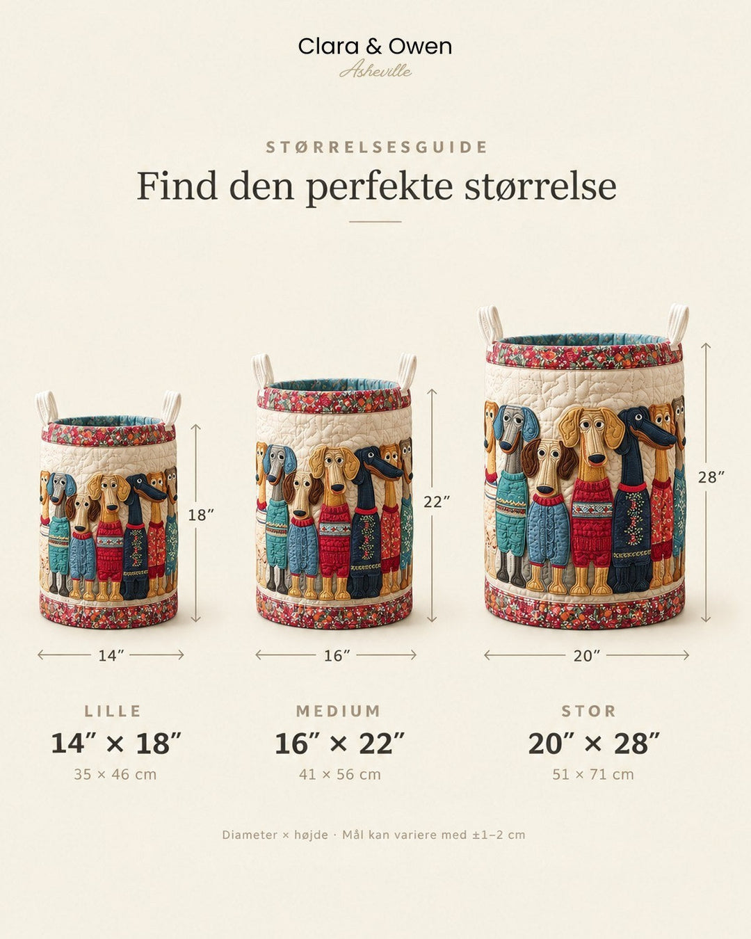 Størrelsesguide med tre kurve i lille, mellem og stor, med mål i tommer og centimeter 5