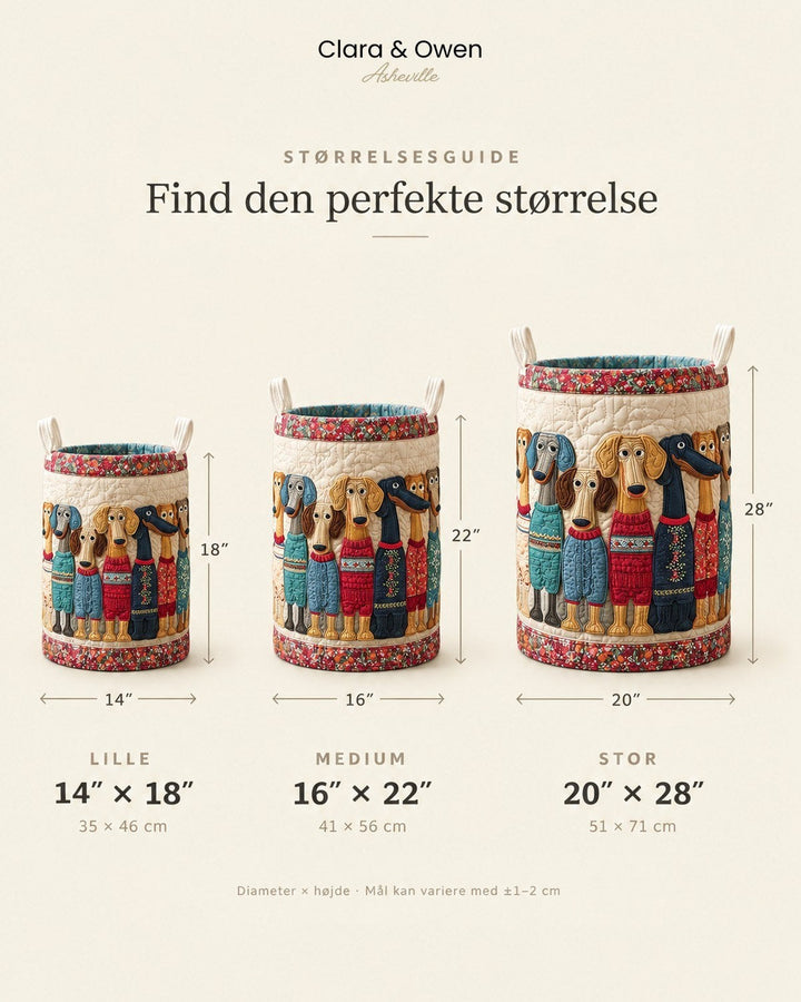 Størrelsesguide med tre kurve i lille, mellem og stor, med mål i tommer og centimeter 5