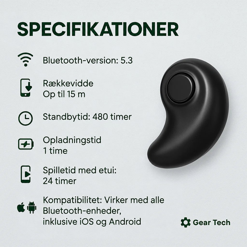 Sort buet øretelefon set forfra med en rund knap, ved siden af en liste over tekniske data 5