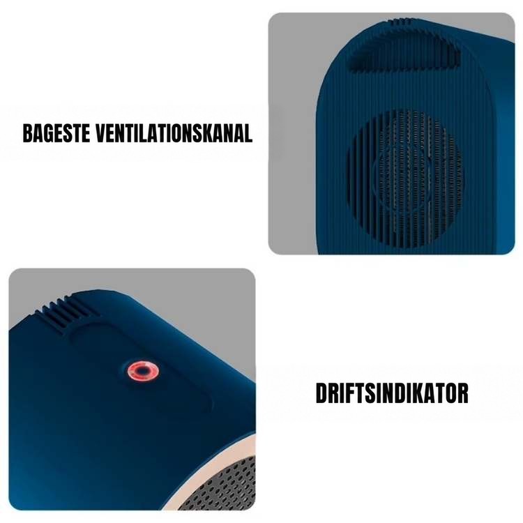 Detaljebilleder af blå varmeapparat med ventilationsriller på bagsiden og en rød lysende driftsindikator på toppen 4