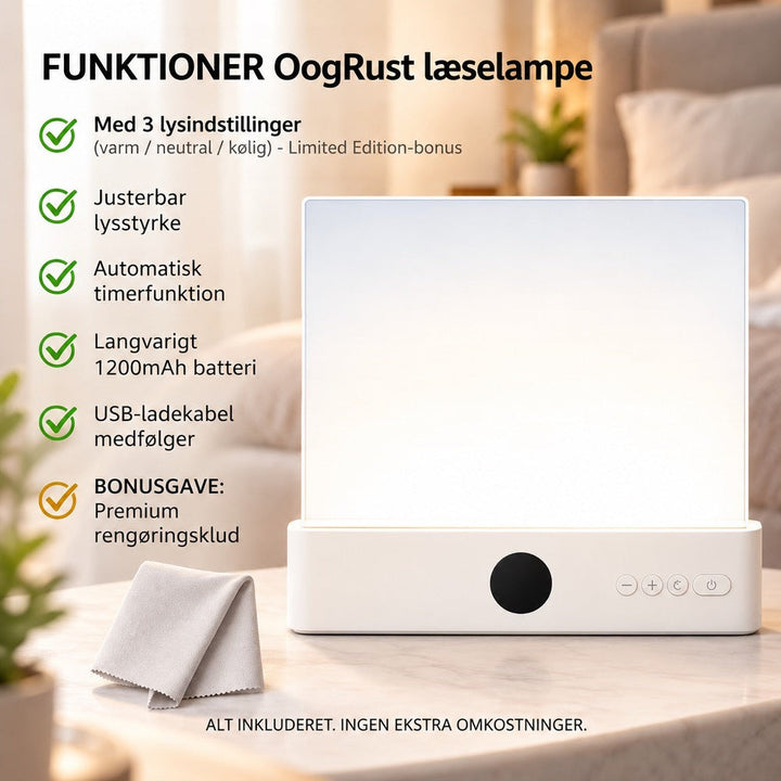 Lampen stående på et bord med liste over funktioner og et grå rengøringsklæde foran 6