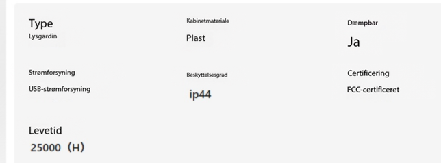 Tabel med tekniske specifikationer: plastskal, USB-strøm, dæmpbar, beskyttelsesklasse IP44 og levetid på 25000 timer 10