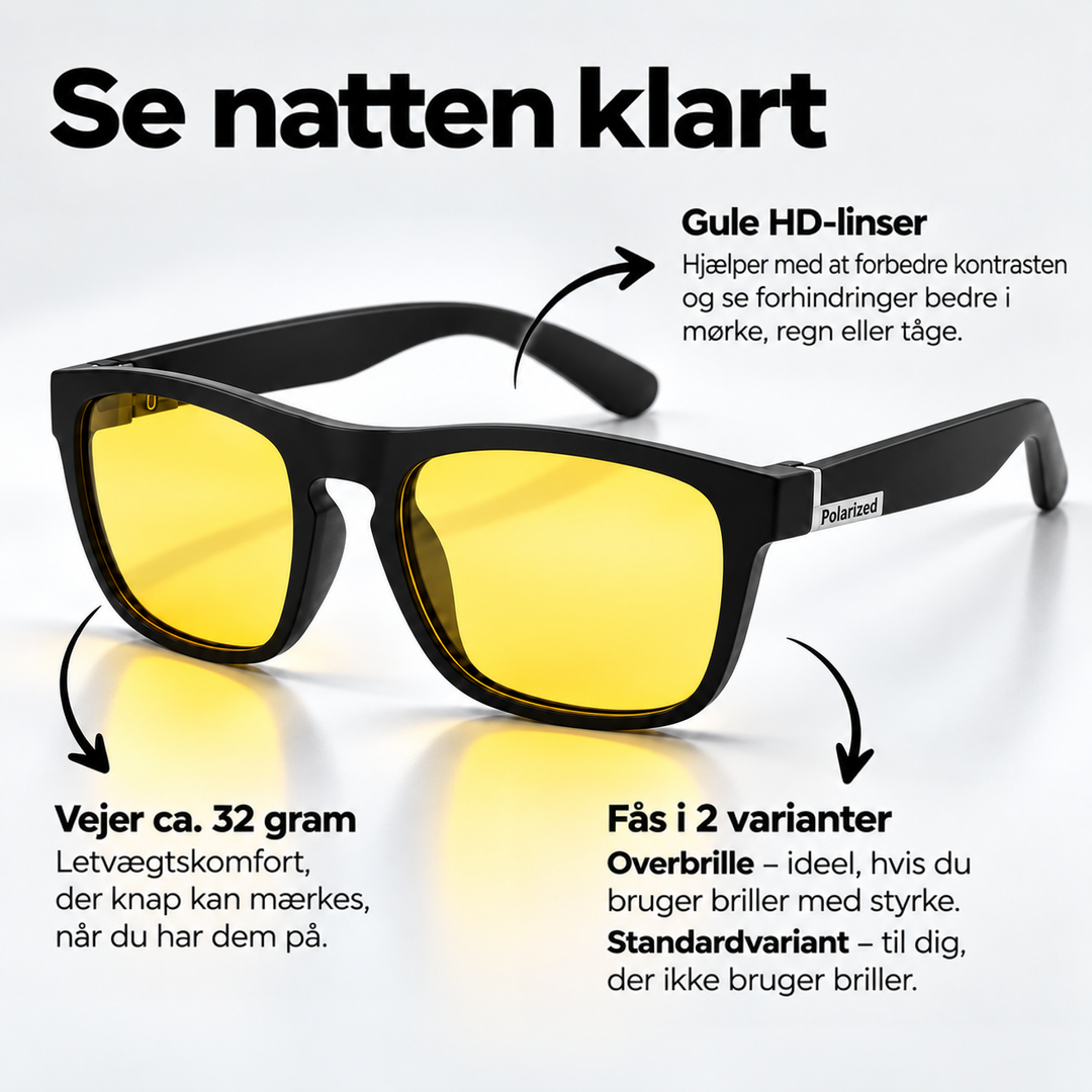 Sort brille med mat stel og gule linser, med pile der peger på linserne, vægten og de to tilgængelige varianter. 5