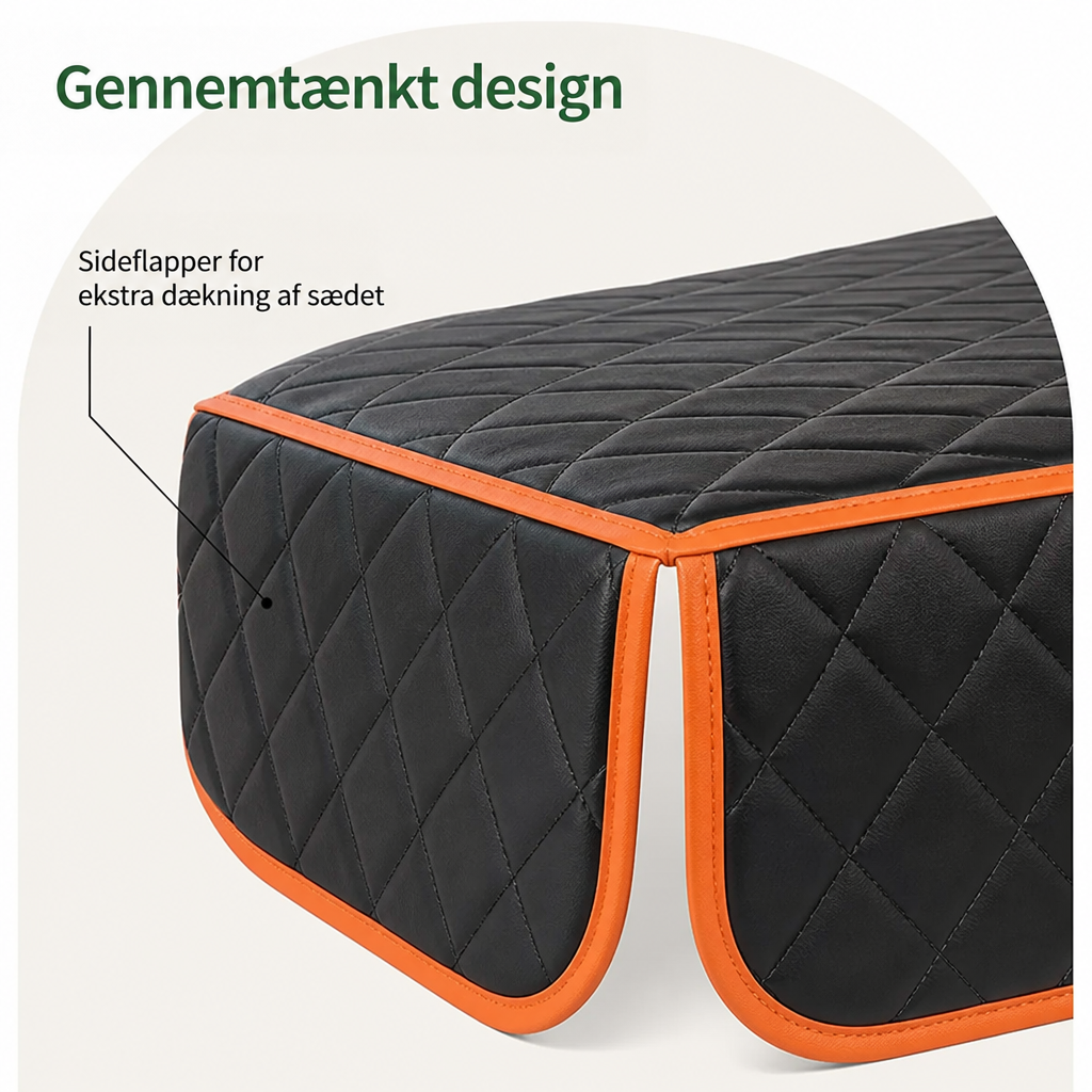 Detalje af betrækkets sidestykker med orange kantbånd og ternet stikning, som giver ekstra dækning af sædets sider. 4