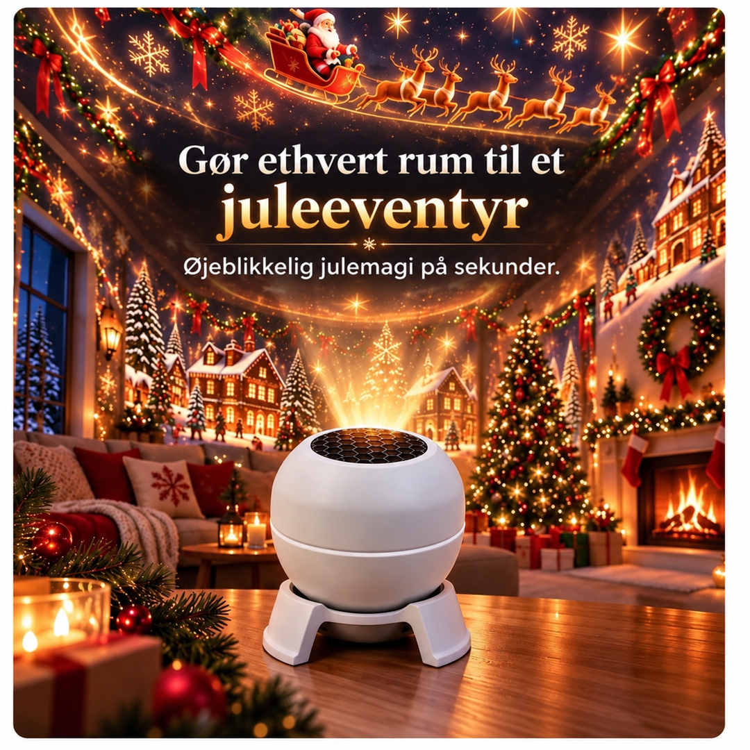 Hvid kugleprojektor på træbord, mens julemotiver med nisser, rensdyr og hus dækker stuens vægge 2