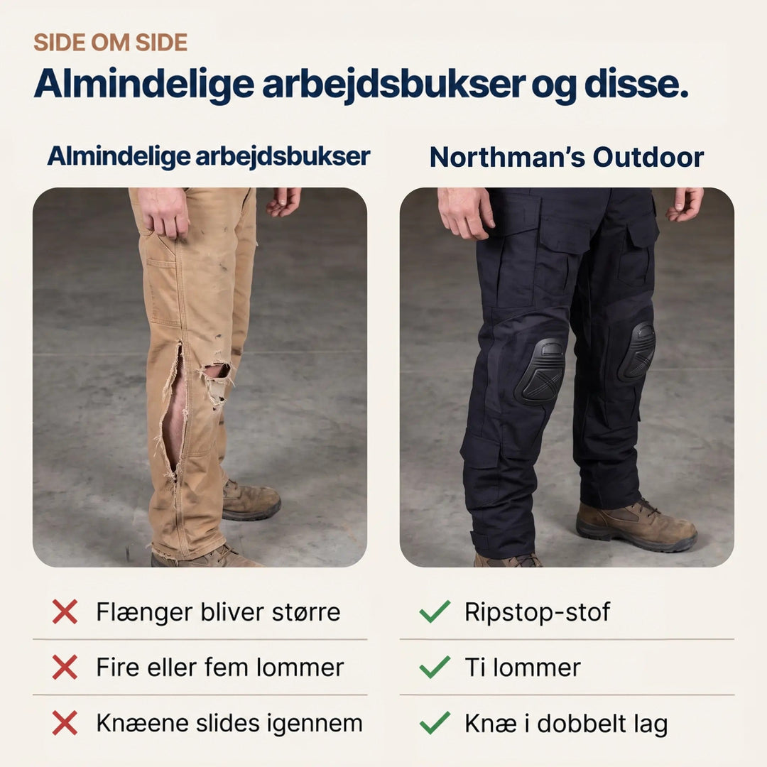 Sammenligning af et par slidte arbejdsbukser med revet knæ og de sorte bukser med knæbeskyttere, begge på en mand med arbejdsstøvler. 6