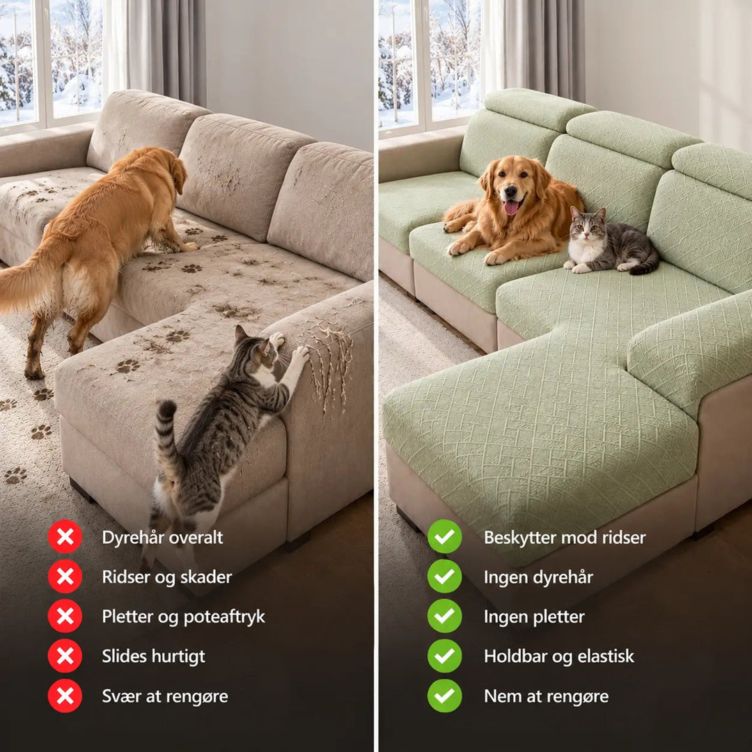 Sammenligning: beskidt sofa med poteaftryk og ridser til venstre, beskyttet grønt sofaovertræk med hund og kat til højre 2