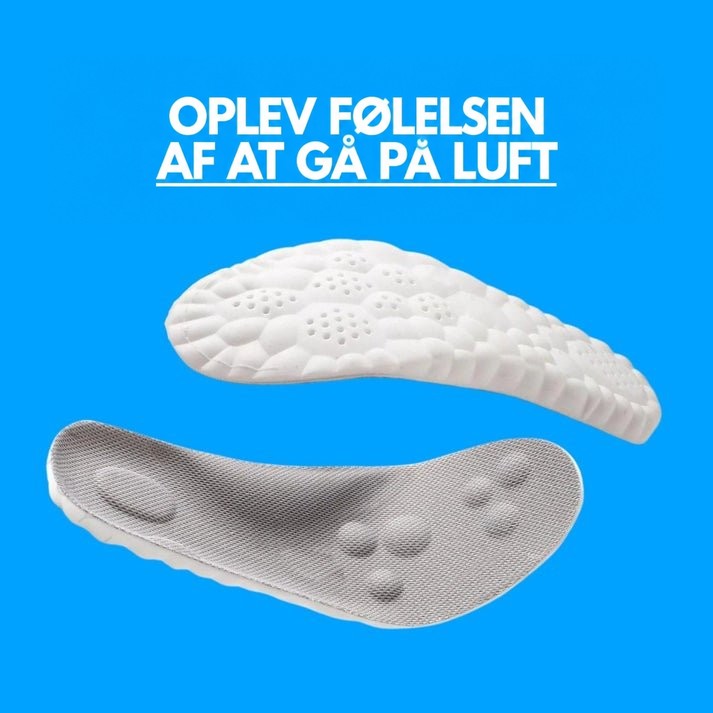 To såler mod blå baggrund: den ene vendt med hvid, perforeret underside, den anden med grå overside og massagepuder. 8