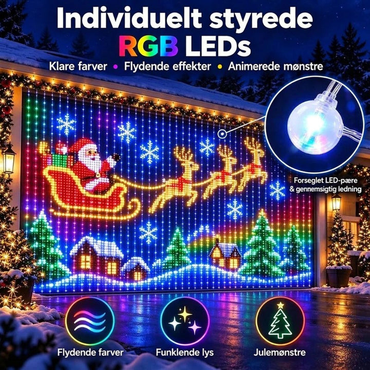 Lysgardin på en garagevæg viser julemand i kane med rensdyr; detalje af lukket LED-pære med klar ledning 4