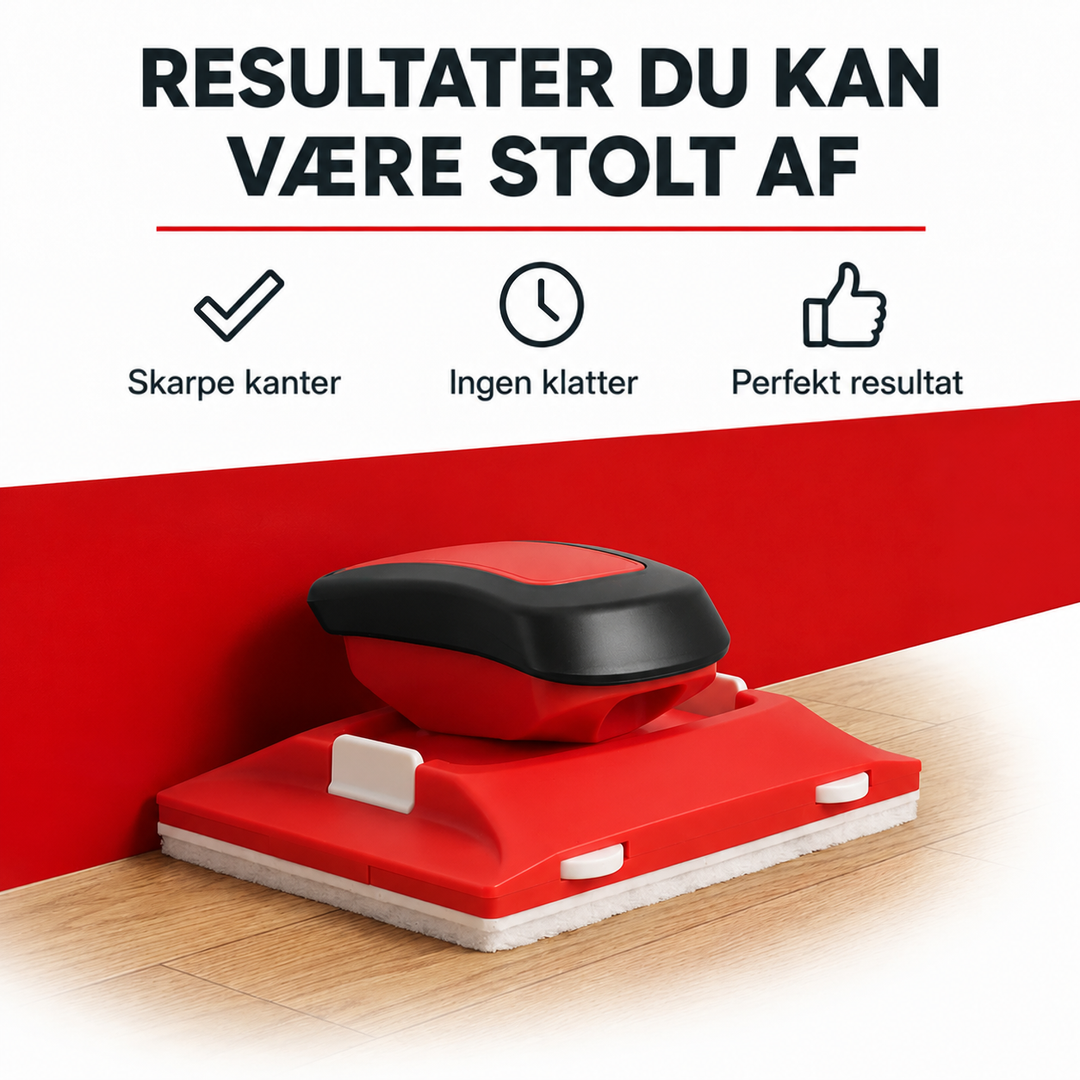 Rødt værktøj med sort håndtag og hvid filtkant står ved en rød væg over et trægulv 2