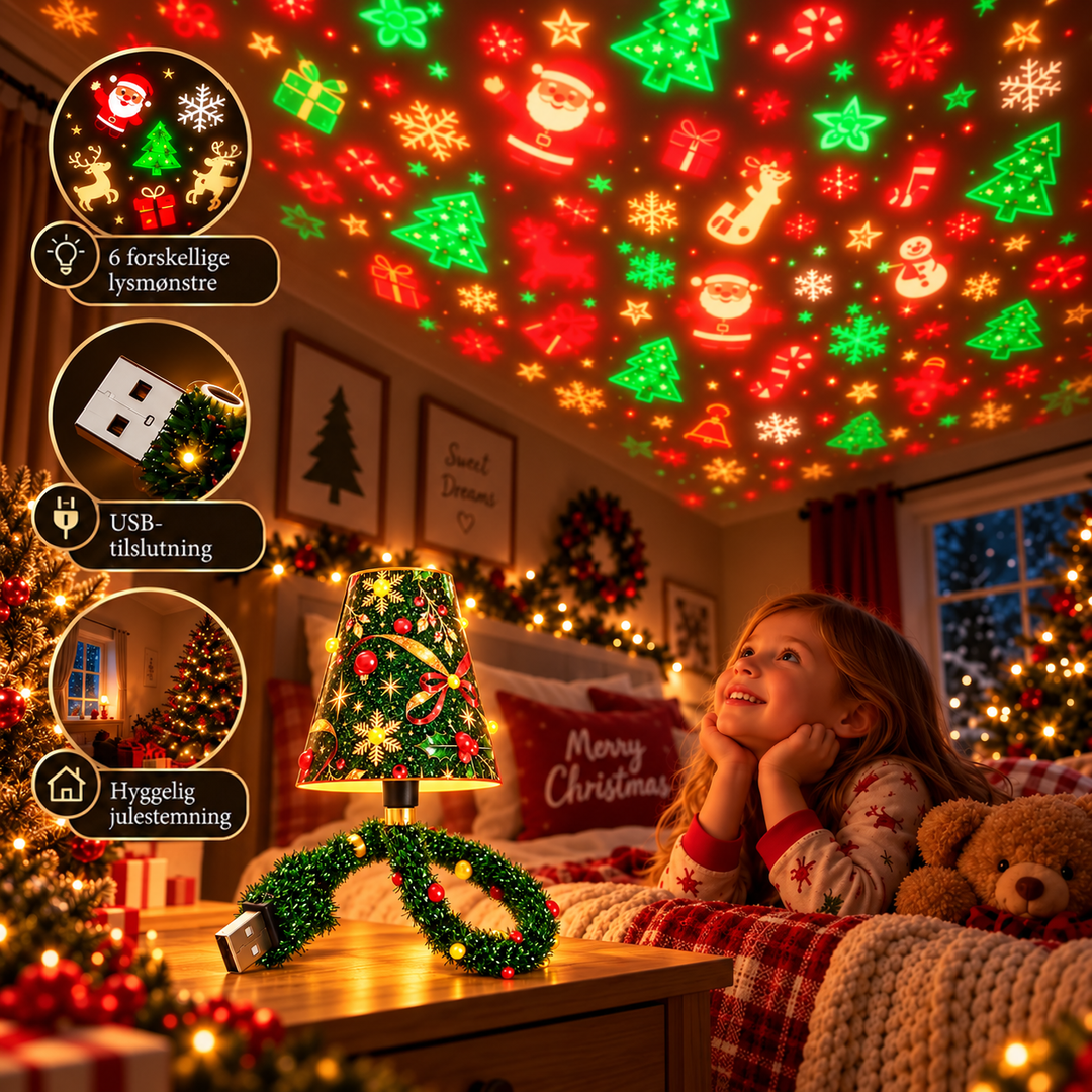 Et smilende barn ligger i sengen og kigger op på loftet, hvor lampen projicerer julemotiver, med detaljeudsnit af lampen. 8