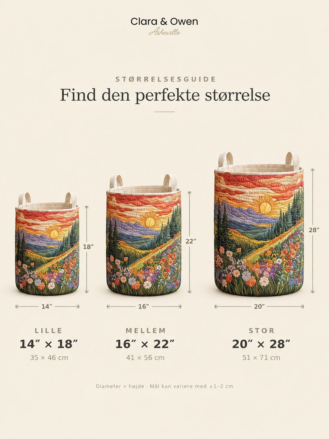 Størrelsesguide med tre kurve i lille, mellem og stor, vist med mål for diameter og højde. 5