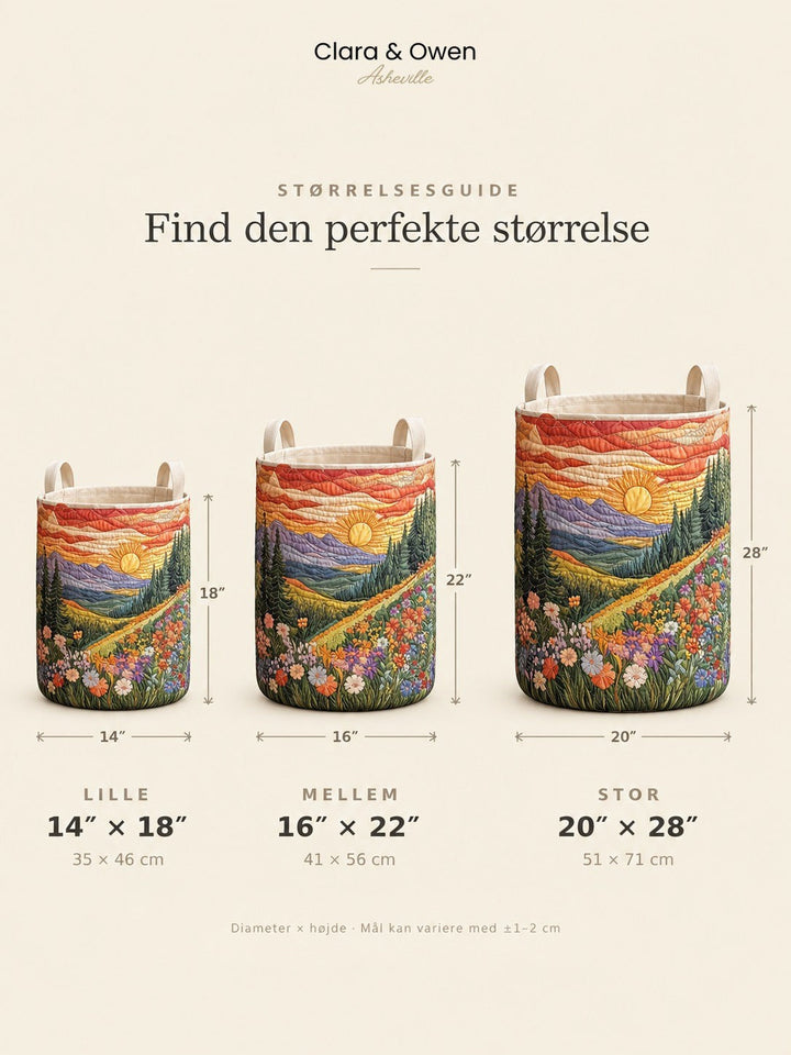 Størrelsesguide med tre kurve i lille, mellem og stor, vist med mål for diameter og højde. 5