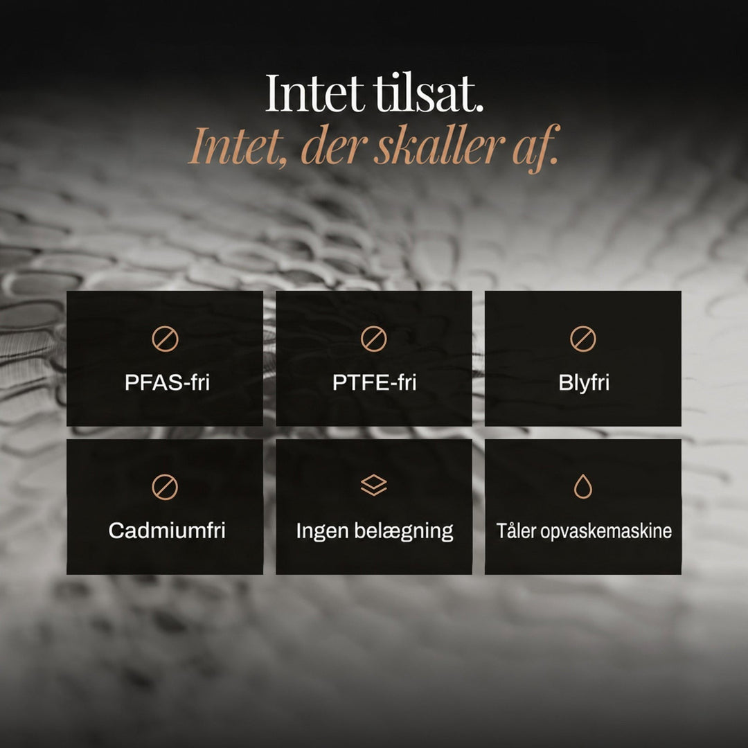 Ikoner over sættets egenskaber, fx uden belægning og tåler opvaskemaskine, på baggrund af hamret metaloverflade 6