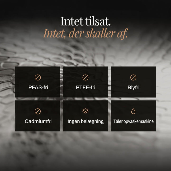 Ikoner over sættets egenskaber, fx uden belægning og tåler opvaskemaskine, på baggrund af hamret metaloverflade 6