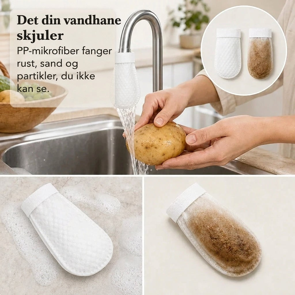 Kollage: filterpose på vandhane under kartoffelvask, ren hvid pose ved siden af en brunt snavset pose. 4
