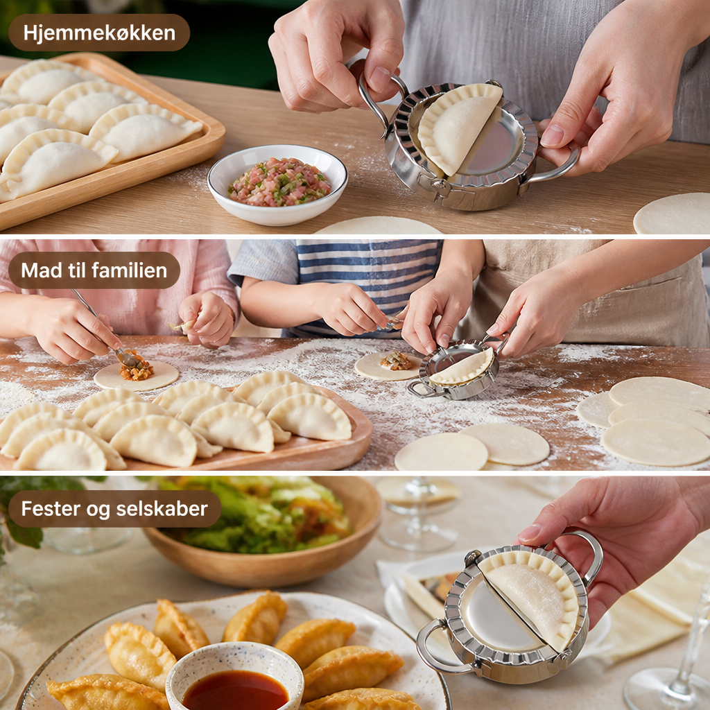 Tre situationer med formen i brug: hænder der folder dumplings i køkkenet, børn der hjælper til, og dumplings serveret til selskab. 5