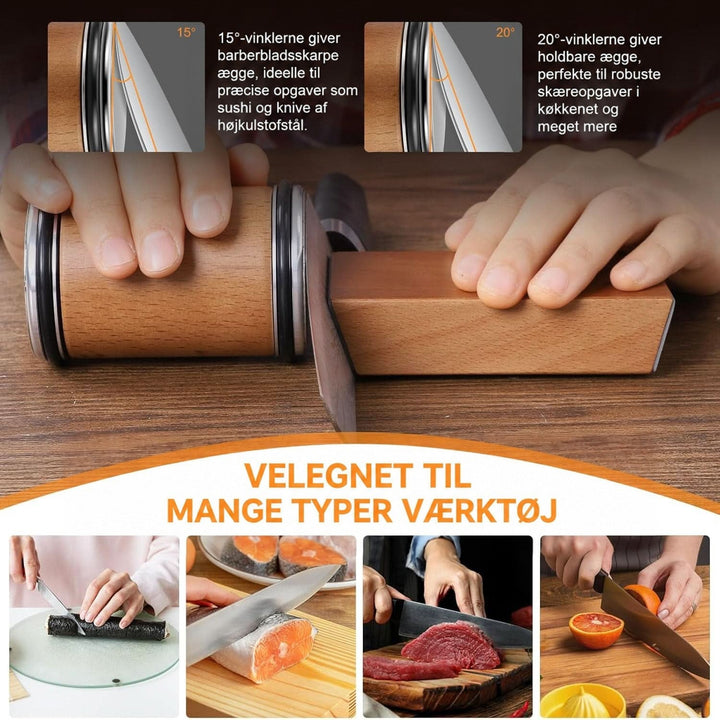Hænder ruller cylinderen mod en kniv i vinkelblokken, med forklaring af to slibevinkler og små billeder af skæring af fisk, kød og frugt. 6