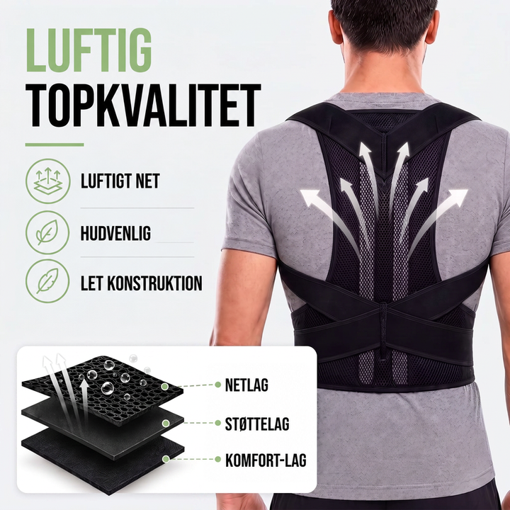 Mand bagfra i sort bandage med luftpile samt tegning af materialets tre lag: mesh, støtte og komfort. 7