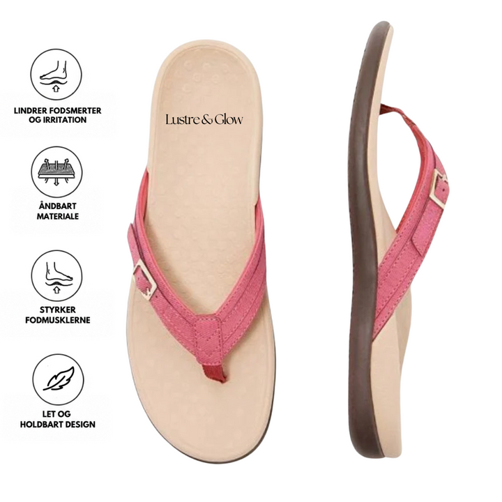 Lyserød sandal set ovenfra og fra siden, ledsaget af ikoner med produktets fordele 12