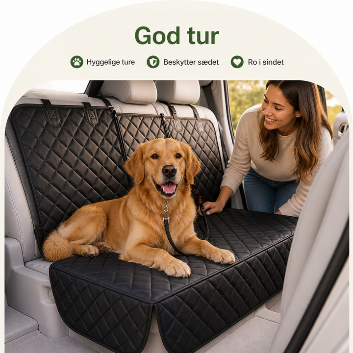 Smilende kvinde læner sig ind i bilen og kigger på en golden retriever, der ligger på det sorte bagsædebetræk. 5