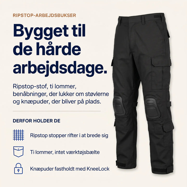 Informationsgrafik med sorte arbejdsbukser med knæbeskyttere og lommer ved siden af en kort liste over buksernes fordele. 4