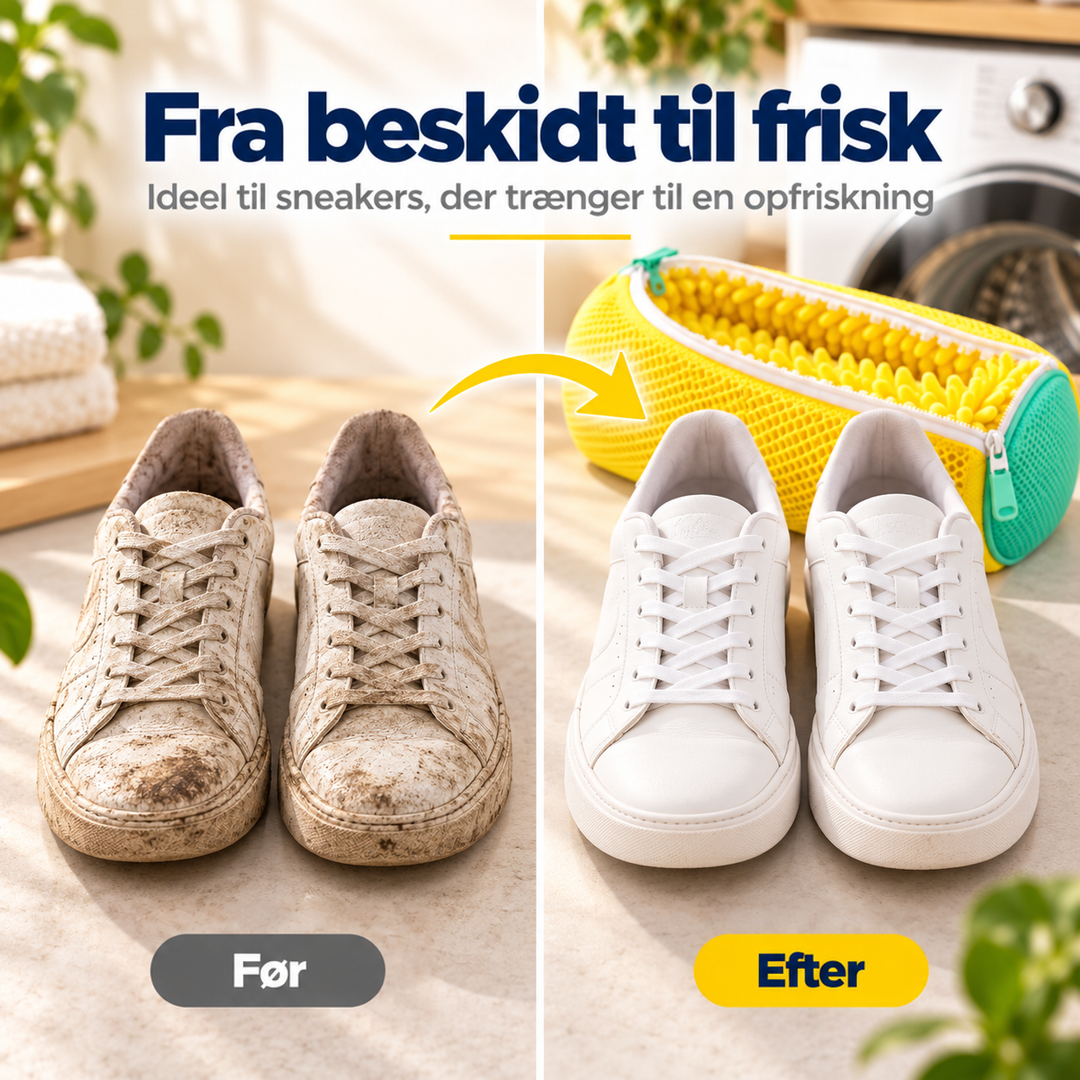 Før og efter: snavsede sneakers til venstre, rene hvide sneakers med den gule vaskepose til højre 5