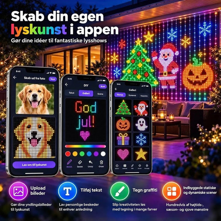 Tre telefonskærme i appen med fotokonvertering, tekst og motivgalleri; lysgardinen i baggrunden viser julemotiver og græskar 5