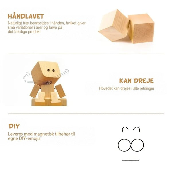 Oversigt over figurens egenskaber: naturligt træ, hoved der kan dreje, og magnetiske løsdele til selv at lave ansigter. 3