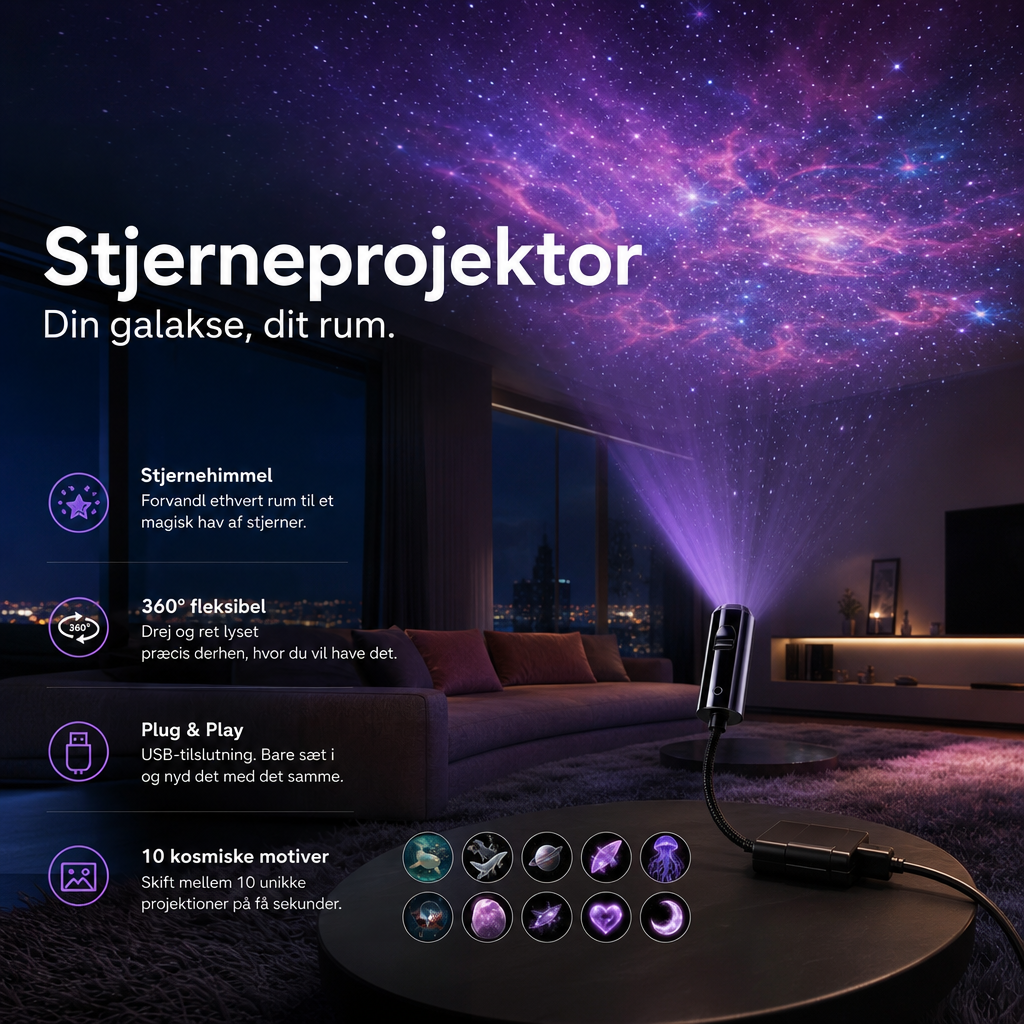 Projektor med bĂžjelig arm pĂ„ rundt bord kaster lilla galakse op pĂ„ stuens loft, med ti motivikoner 5