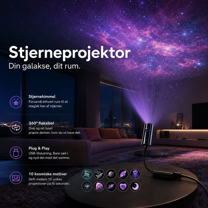 Projektor med fleksibel hals på et rundt bord lyser lilla stjernehimmel op i en stue 5