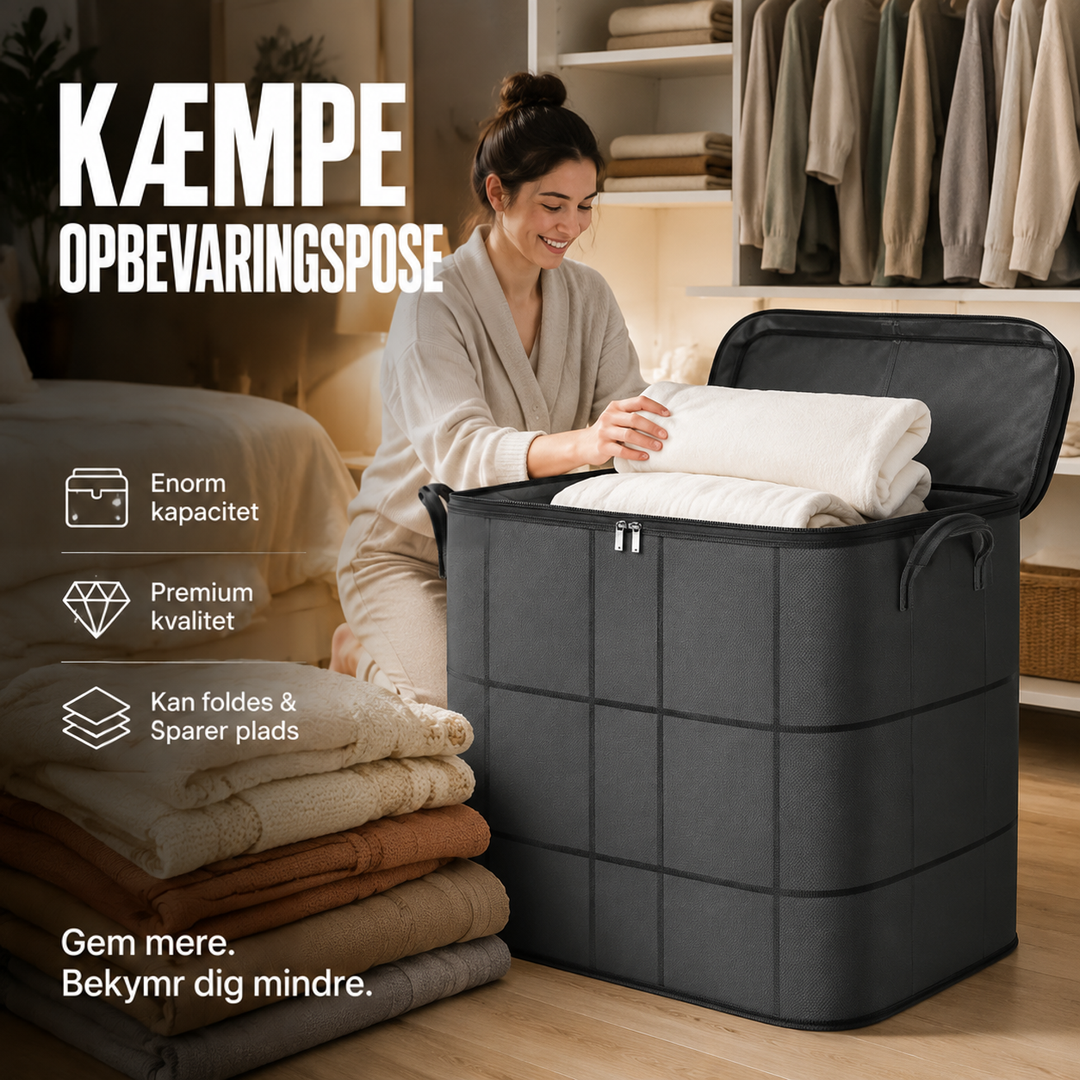 Kvinde knÊler ved den sorte opbevaringstaske med Ã¥ben lÃ¥g og lÃ¦gger et sammenlagt hvidt tÃ¦ppe ned i den, ved siden af stablede tÃ¦pper. 1