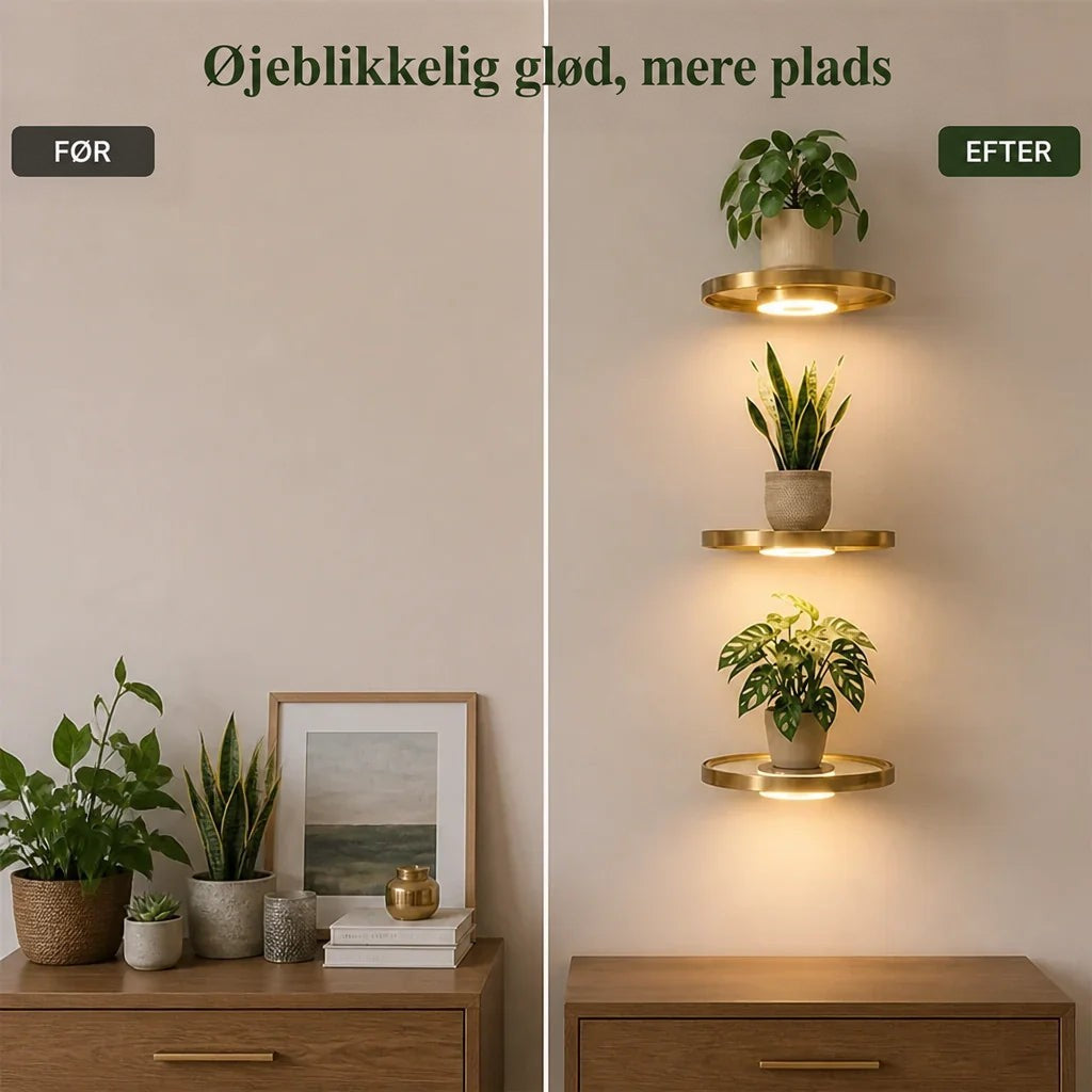 Før-og-efter-billede: en kommode med pyntegenstande og planter til venstre, en ren væg med tre oplyste guldhylder over kommoden til højre. 4