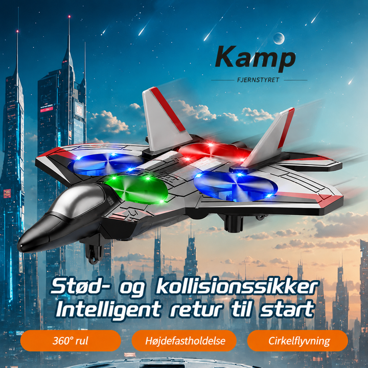 Rød og grå jagerfly med lysende propeller flyver foran futuristiske skyskrabere, med ikoner for stød- og kollisionsbestandighed. 3