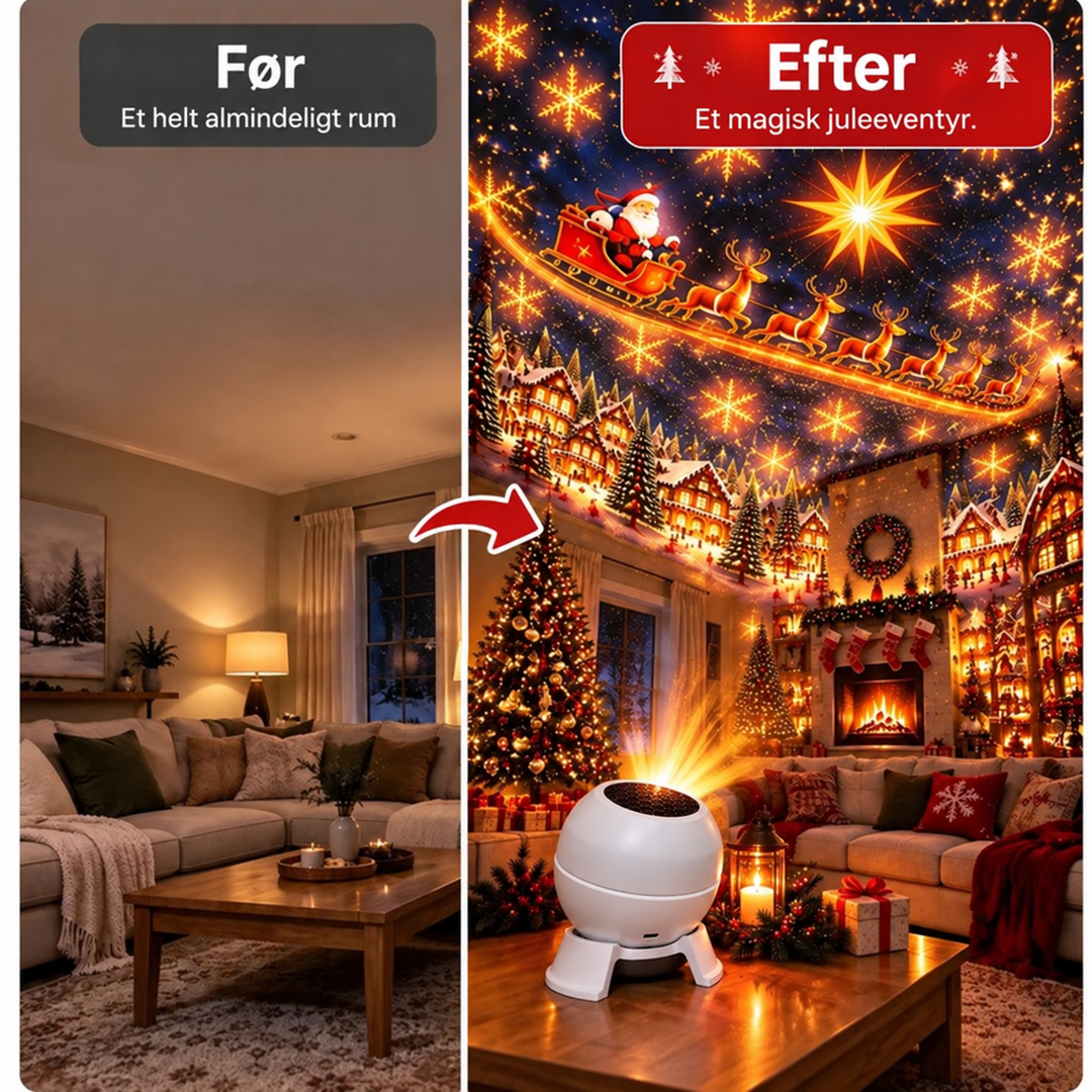 Før-og-efter-sammenligning af en stue: til venstre almindelig og dæmpet, til højre fyldt med projiceret julemagi fra den hvide projektor. 3
