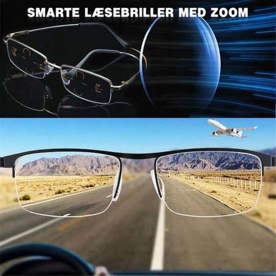 Todelt billede: brillerne øverst ved siden af en glaslinse, nederst et klart udsyn gennem glassene mod en vej og bjerge. 6