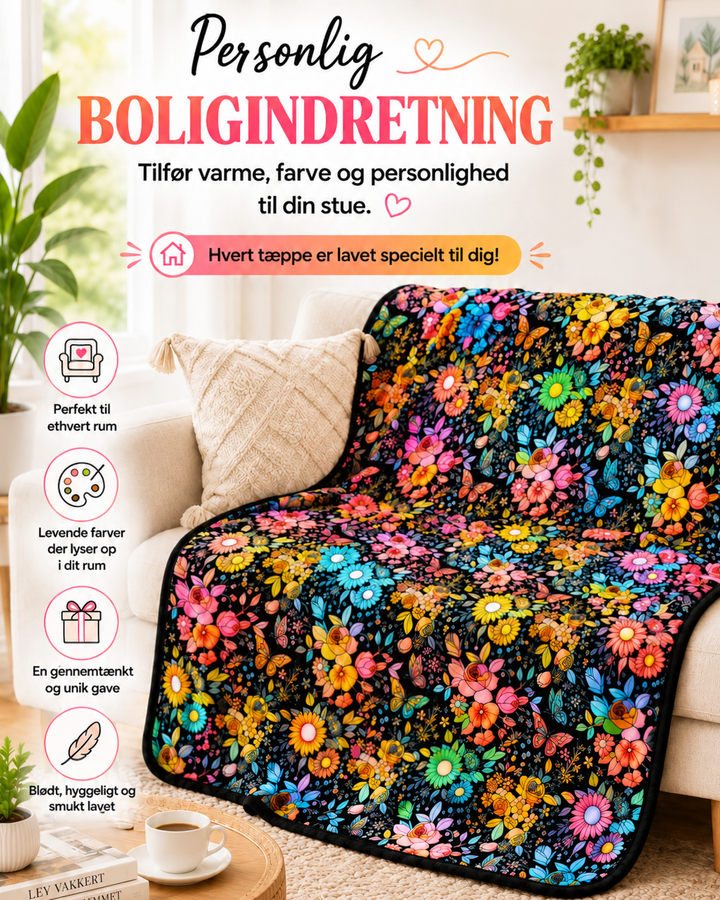 Farvelagt tæppe med farverige blomster og sommerfugle draperet over en cremefarvet sofa i en lys stue 2