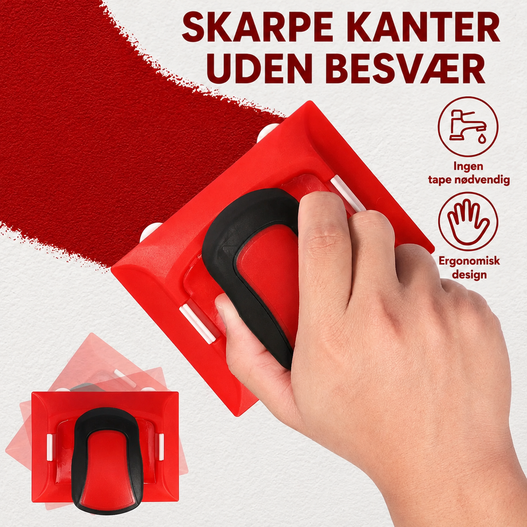 Hånd fører værktøjet med sort håndtag hen over en væg med rød maling, plus en visning ovenfra 3