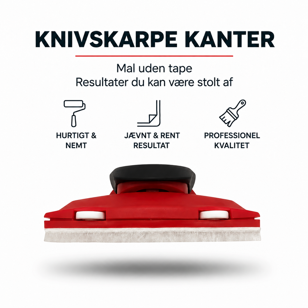 Rød og sort malekantsværktøj set forfra med hvid filtkant og små hvide hjul, over ikoner 1
