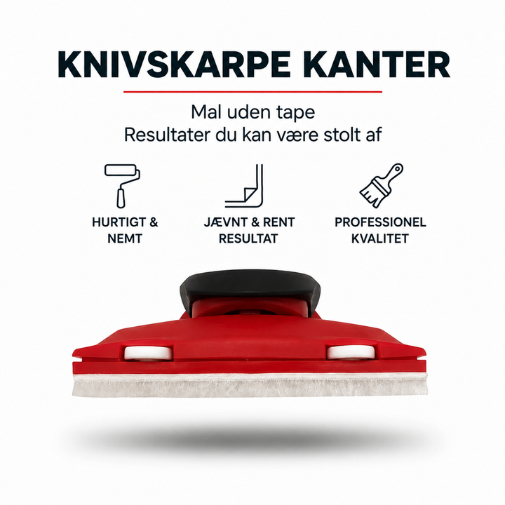 Rød og sort malekantsværktøj set forfra med hvid filtkant og små hvide hjul, over ikoner 1