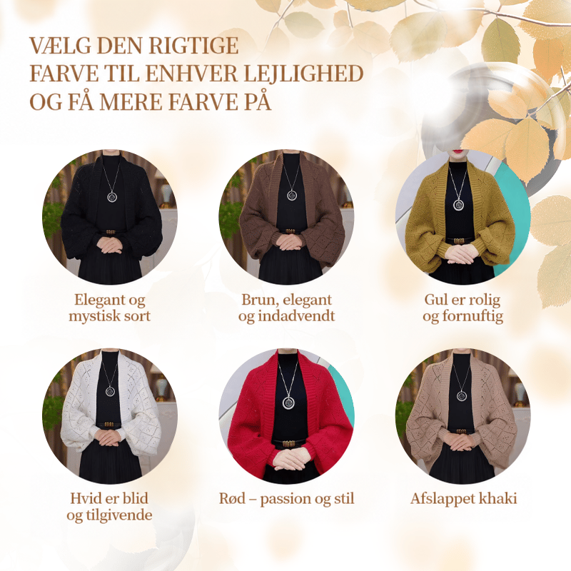 Oversigt over cardiganen i seks farver: sort, brun, sennepsgul, hvid, rød og khaki 13