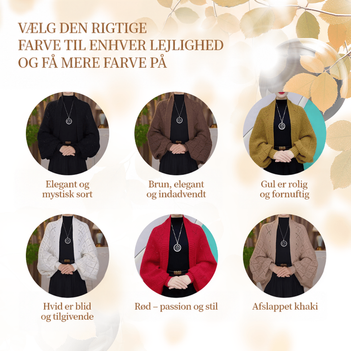 Oversigt over cardiganen i seks farver: sort, brun, sennepsgul, hvid, rød og khaki 13