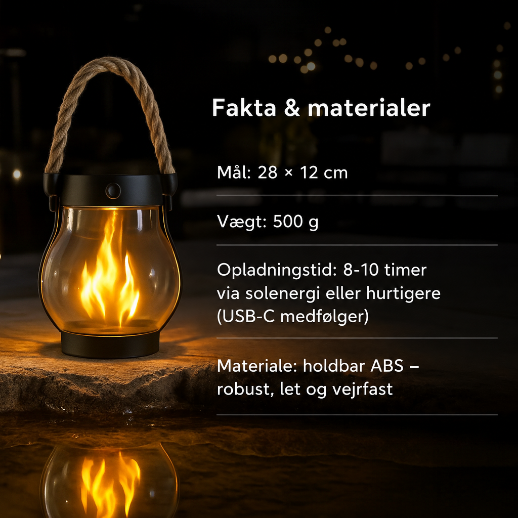 Lanterne med rebhank og lysende flamme på en sten om natten, ved siden af en tekstboks med specifikationer 2