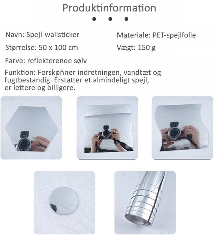 Produktinfo med spejlark i sekskantet, firkantet og bølgeformet udskæring, hvor et kamera spejler sig, samt en rund udskæring og en rulle. 8