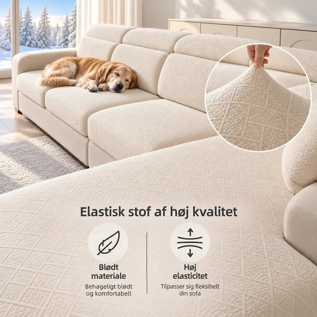 Cremefarvet sofaovertræk på hjørnesofa med sovende hund og forstørret detalje af den bløde, elastiske stof 3