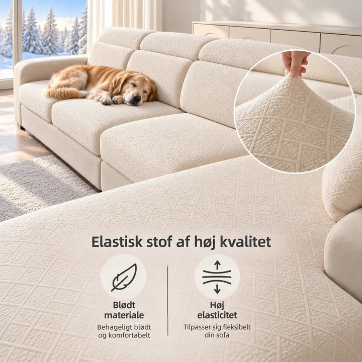 Cremefarvet sofaovertræk på hjørnesofa med sovende hund og forstørret detalje af den bløde, elastiske stof 3