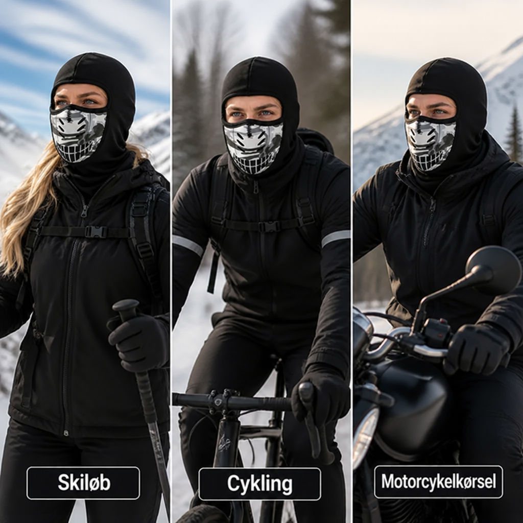 Tre personer med sort ansigtsmaske, en på ski, en på cykel og en på motorcykel i vinterlandskab. 5