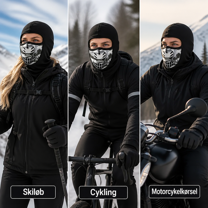 Tre personer med sort ansigtsmaske, en på ski, en på cykel og en på motorcykel i vinterlandskab. 5